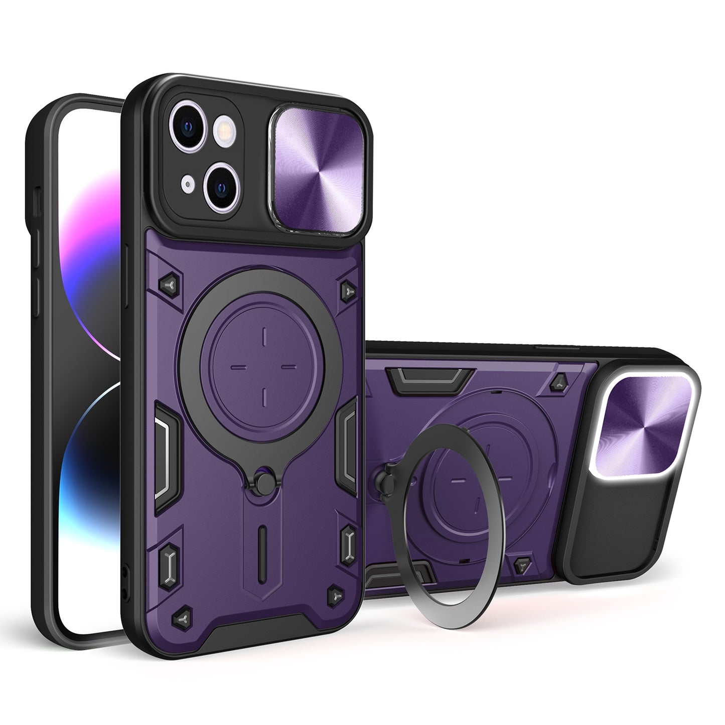 Apple iPhone 15 Magnetic Holder CD Texture Sliding Camshield Phone Case, TPU PC Shockproof Cover