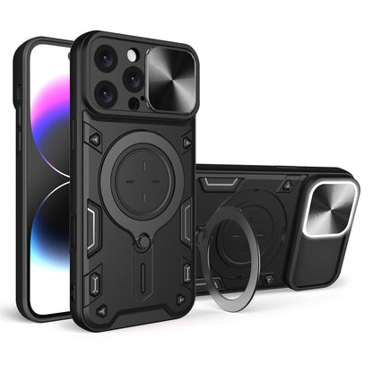 Apple iPhone 16 Pro Max Magnetic Holder CD Texture Sliding Camshield Phone Case, TPU PC Shockproof Cover