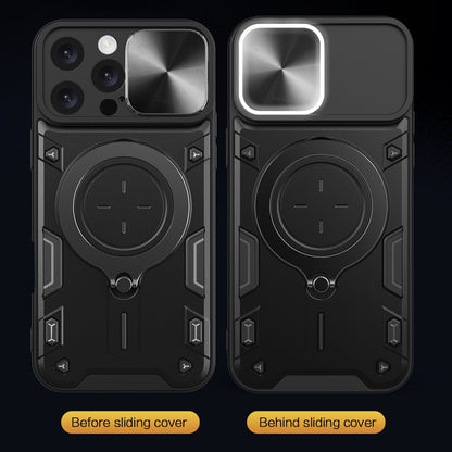 Apple iPhone 16 Pro Max Magnetic Holder CD Texture Sliding Camshield Phone Case, TPU PC Shockproof Cover