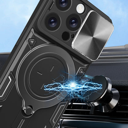 Apple iPhone 16 Pro Magnetic Holder CD Texture Sliding Camshield Phone Case, TPU PC Shockproof Cover