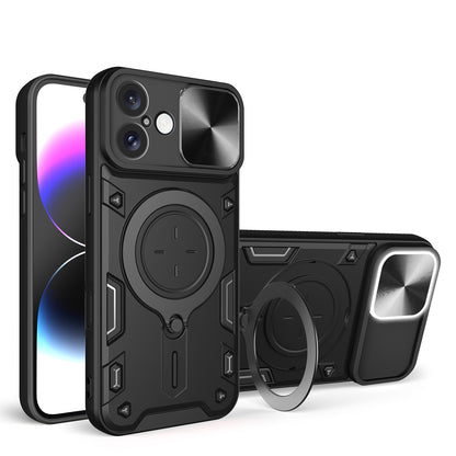 Apple iPhone 16 Plus Magnetic Holder CD Texture Sliding Camshield Phone Case, TPU PC Shockproof Cover