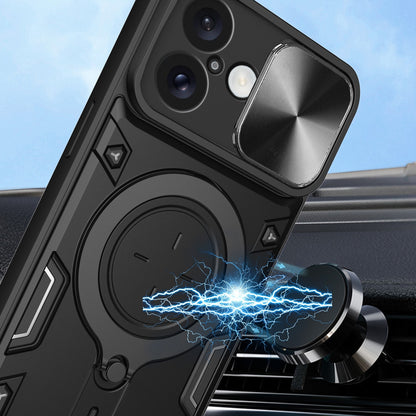 Apple iPhone 16 Plus Magnetic Holder CD Texture Sliding Camshield Phone Case, TPU PC Shockproof Cover