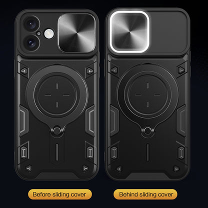 Apple iPhone 16 Plus Magnetic Holder CD Texture Sliding Camshield Phone Case, TPU PC Shockproof Cover