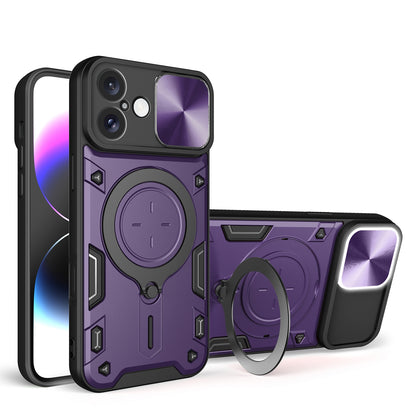Apple iPhone 16 Plus Magnetic Holder CD Texture Sliding Camshield Phone Case, TPU PC Shockproof Cover