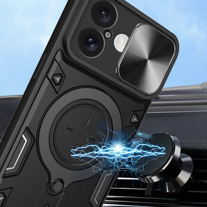 Apple iPhone 16 Magnetic Holder CD Texture Sliding Camshield Phone Case, TPU PC Shockproof Cover
