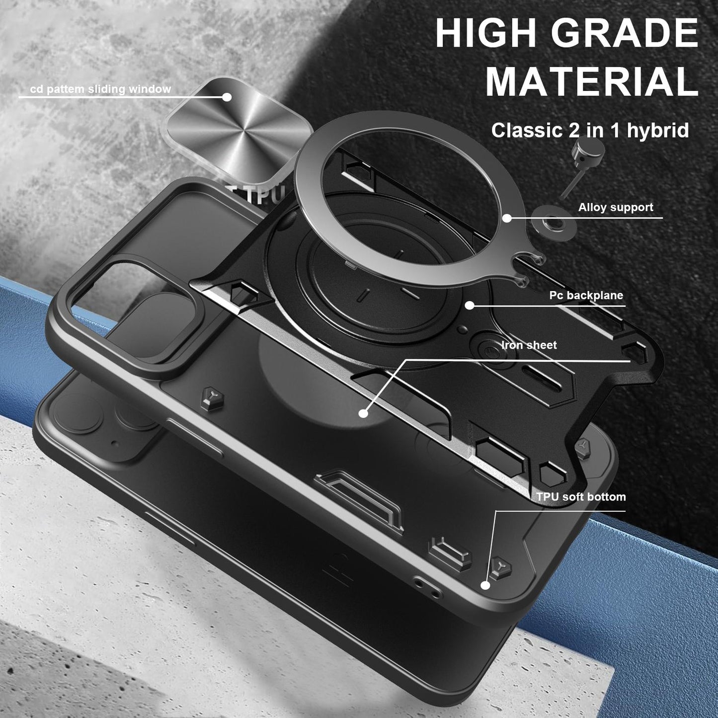 Apple iPhone 17e Magnetic Holder CD Texture Sliding Camshield Phone Case, TPU PC Shockproof Cover