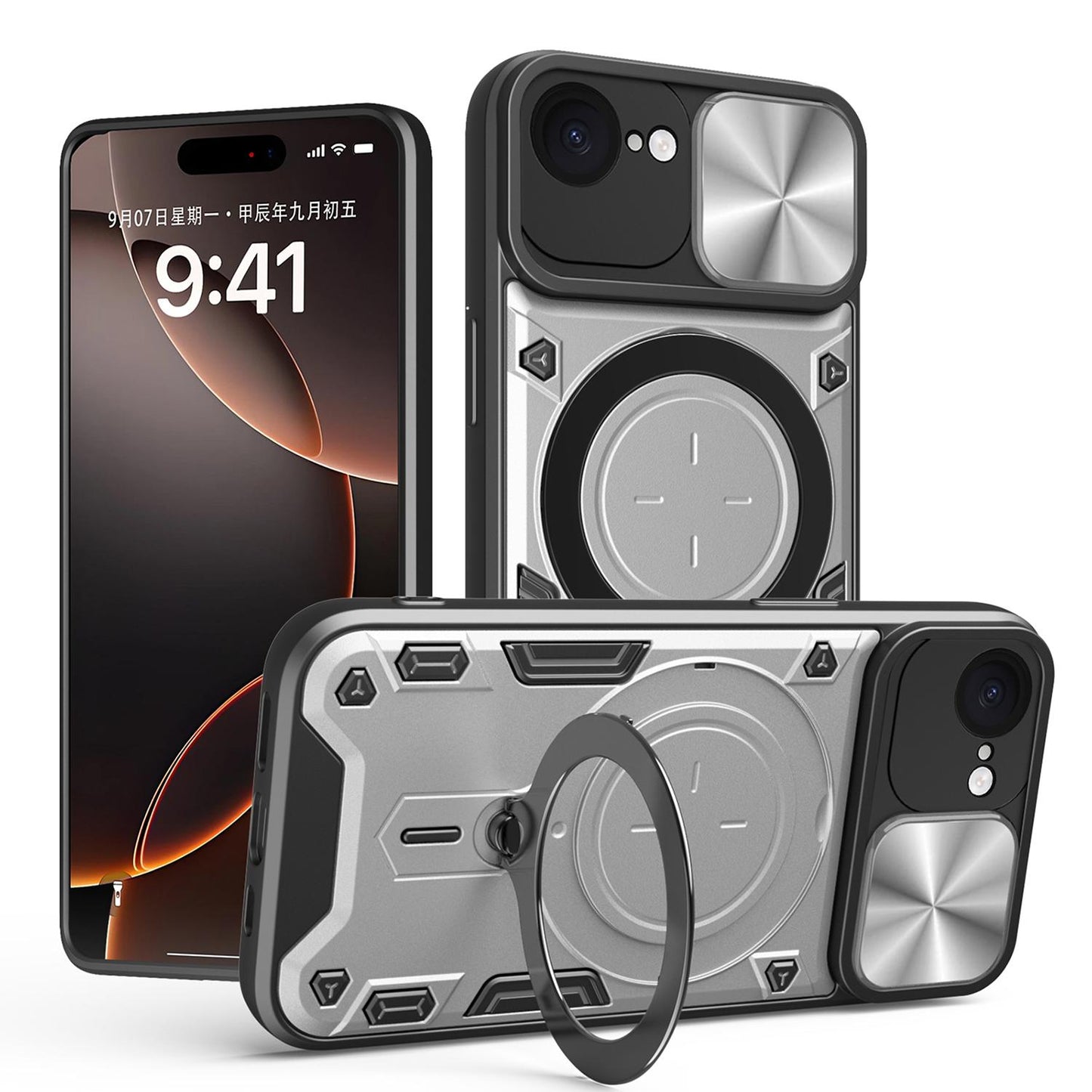 Apple iPhone 16e Magnetic Holder CD Texture Sliding Camshield Phone Case, TPU PC Shockproof Cover