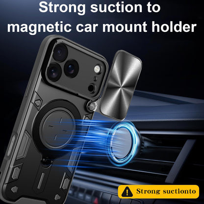 Apple iPhone 17 Pro Max Magnetic Holder CD Texture Sliding Camshield Phone Case, TPU PC Shockproof Cover