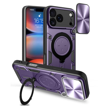 Apple iPhone 17 Pro Max Magnetic Holder CD Texture Sliding Camshield Phone Case, TPU PC Shockproof Cover