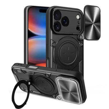 Apple iPhone 17 Pro Magnetic Holder CD Texture Sliding Camshield Phone Case, TPU PC Shockproof Cover