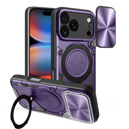 Apple iPhone 17 Pro Magnetic Holder CD Texture Sliding Camshield Phone Case, TPU PC Shockproof Cover