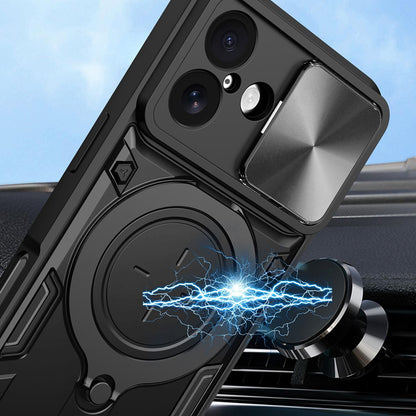 Apple iPhone 17 Magnetic Holder CD Texture Sliding Camshield Phone Case, TPU PC Shockproof Cover