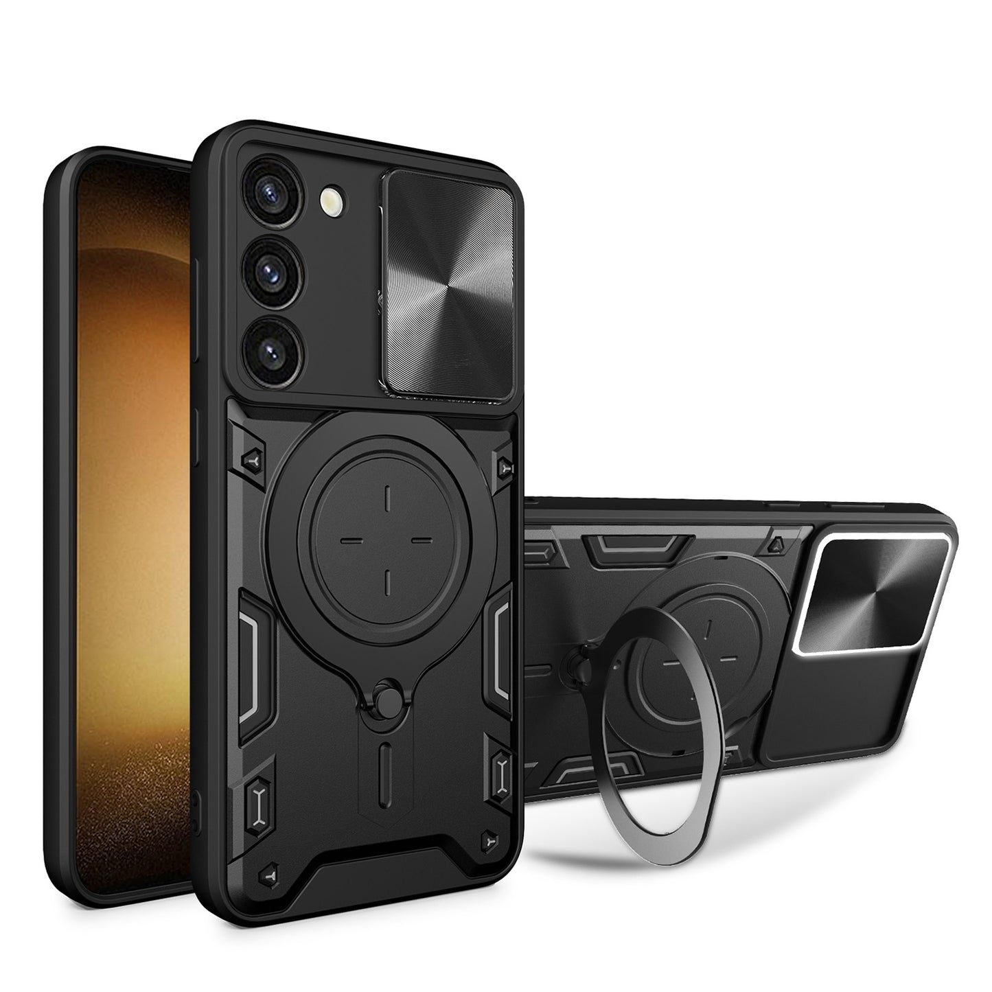 Samsung Galaxy S23 5G Magnetic Holder CD Texture Sliding Camshield Phone Case, TPU PC Shockproof Cover