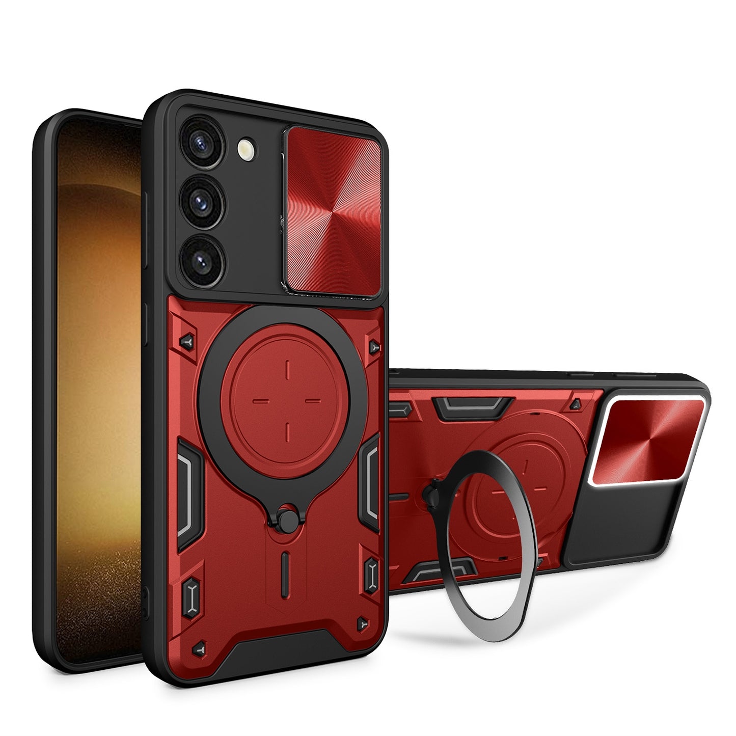 Samsung Galaxy S23 5G Magnetic Holder CD Texture Sliding Camshield Phone Case, TPU PC Shockproof Cover
