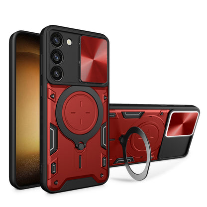 Samsung Galaxy S23 5G Magnetic Holder CD Texture Sliding Camshield Phone Case, TPU PC Shockproof Cover