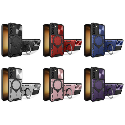 Samsung Galaxy S23 5G Magnetic Holder CD Texture Sliding Camshield Phone Case, TPU PC Shockproof Cover