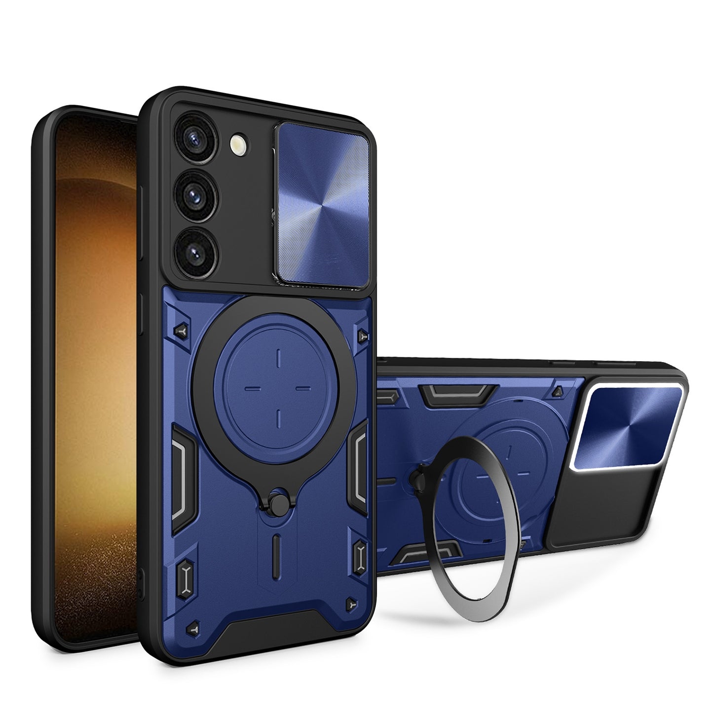 Samsung Galaxy S23 5G Magnetic Holder CD Texture Sliding Camshield Phone Case, TPU PC Shockproof Cover