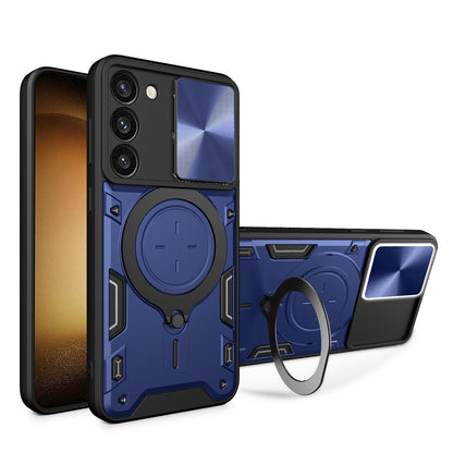 Samsung Galaxy S23 5G Magnetic Holder CD Texture Sliding Camshield Phone Case, TPU PC Shockproof Cover
