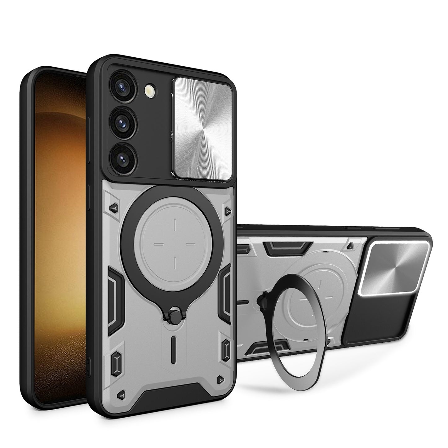 Samsung Galaxy S23 5G Magnetic Holder CD Texture Sliding Camshield Phone Case, TPU PC Shockproof Cover