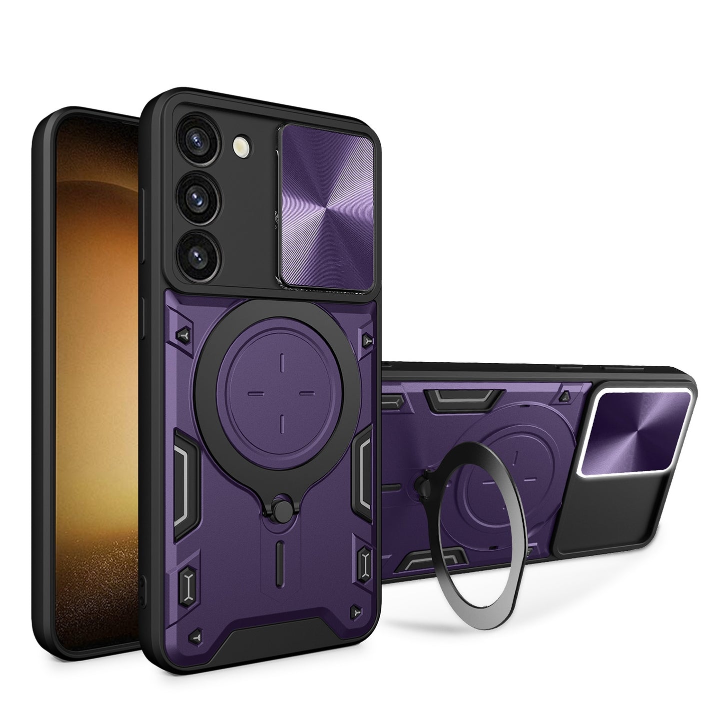 Samsung Galaxy S23 5G Magnetic Holder CD Texture Sliding Camshield Phone Case, TPU PC Shockproof Cover
