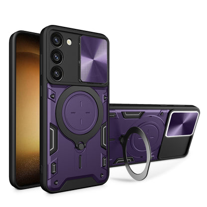 Samsung Galaxy S23 5G Magnetic Holder CD Texture Sliding Camshield Phone Case, TPU PC Shockproof Cover