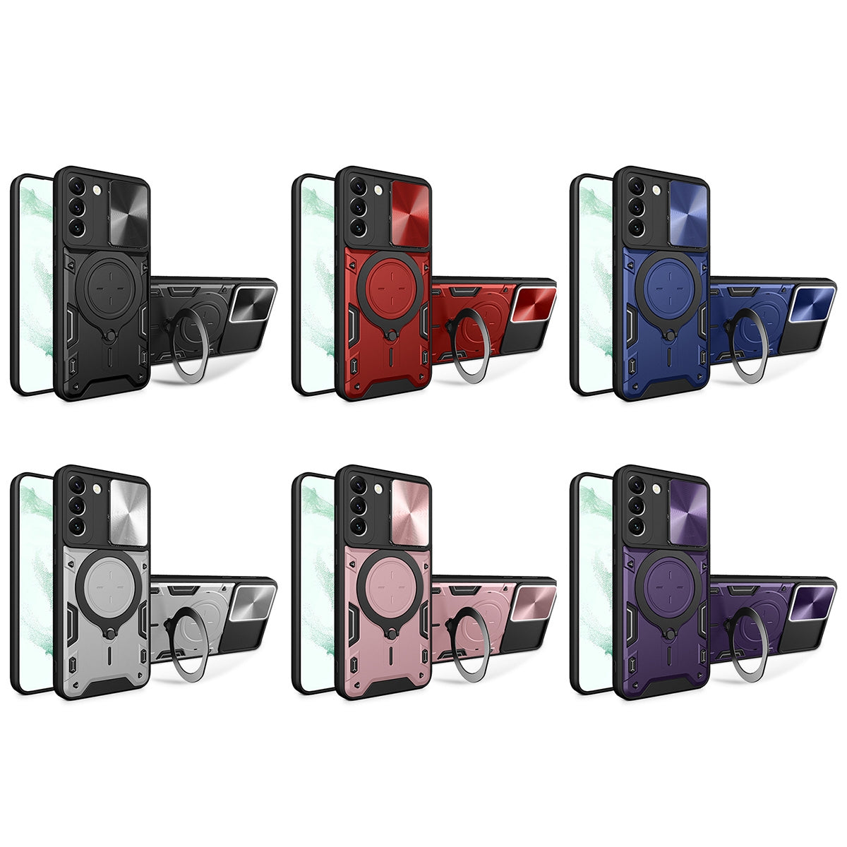 Samsung Galaxy S22 5G Magnetic Holder CD Texture Sliding Camshield Phone Case, TPU PC Shockproof Cover