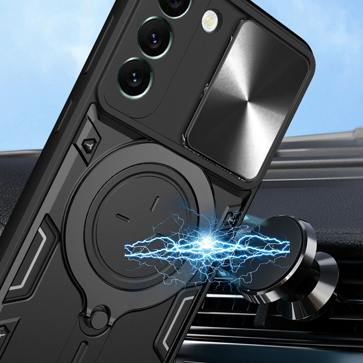 Samsung Galaxy S22 5G Magnetic Holder CD Texture Sliding Camshield Phone Case, TPU PC Shockproof Cover
