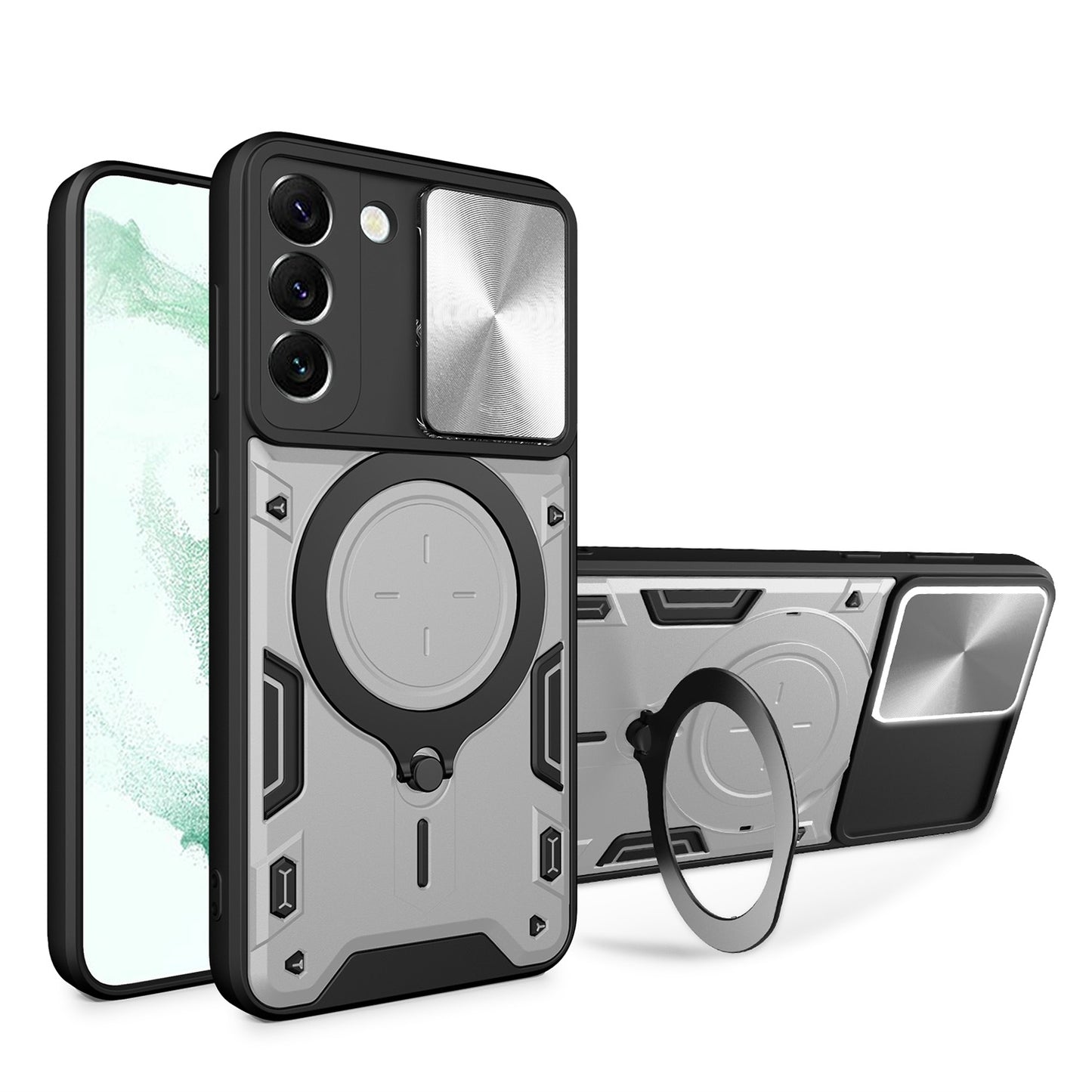 Samsung Galaxy S22 5G Magnetic Holder CD Texture Sliding Camshield Phone Case, TPU PC Shockproof Cover