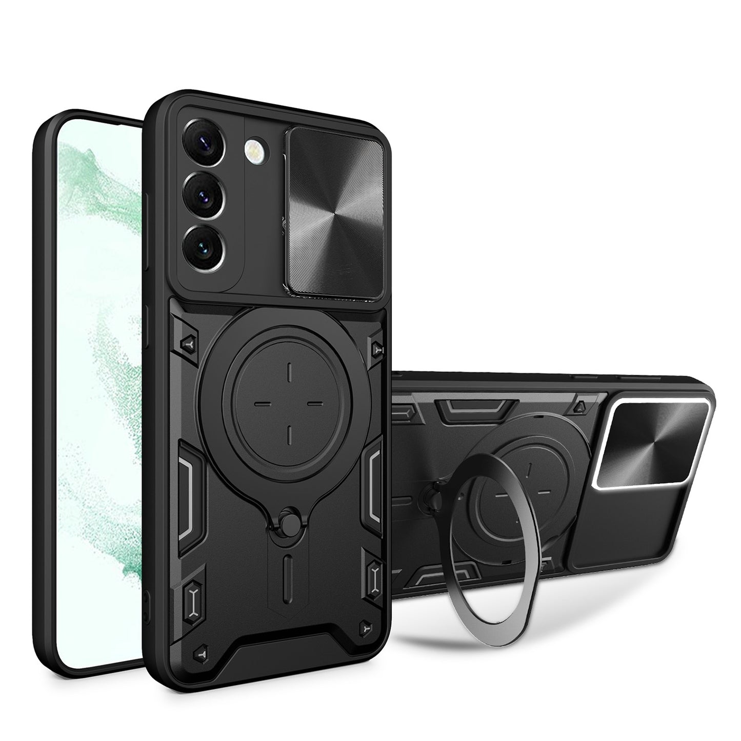 Samsung Galaxy S22+ 5G Magnetic Holder CD Texture Sliding Camshield Phone Case, TPU PC Shockproof Cover