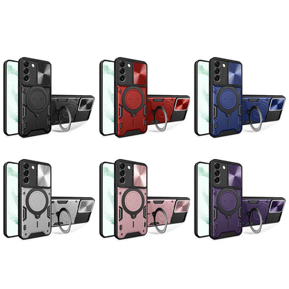 Samsung Galaxy S22+ 5G Magnetic Holder CD Texture Sliding Camshield Phone Case, TPU PC Shockproof Cover
