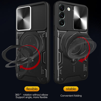 Samsung Galaxy S22+ 5G Magnetic Holder CD Texture Sliding Camshield Phone Case, TPU PC Shockproof Cover