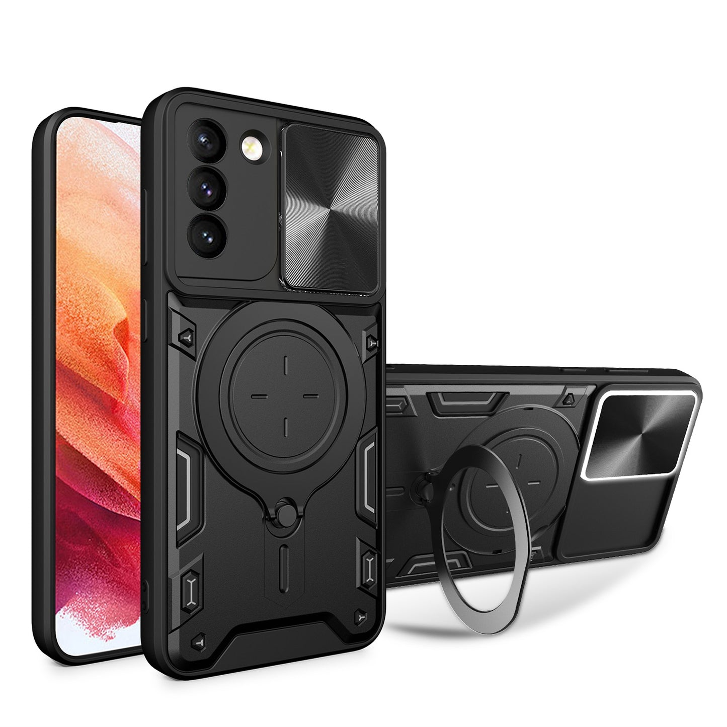 Samsung Galaxy S21 5G Magnetic Holder CD Texture Sliding Camshield Phone Case, TPU PC Shockproof Cover