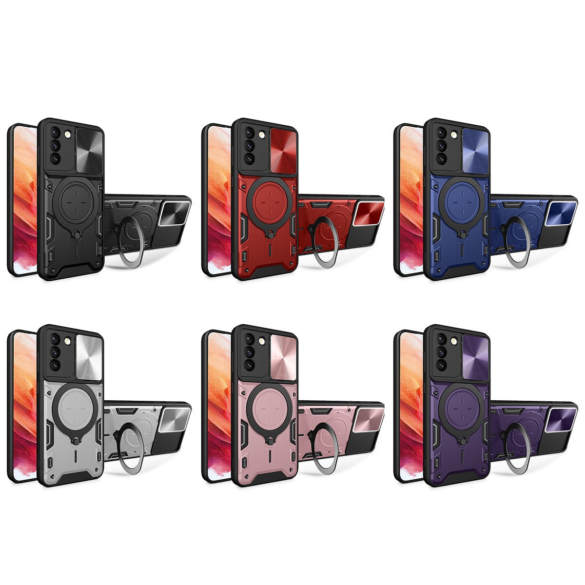 Samsung Galaxy S21 5G Magnetic Holder CD Texture Sliding Camshield Phone Case, TPU PC Shockproof Cover