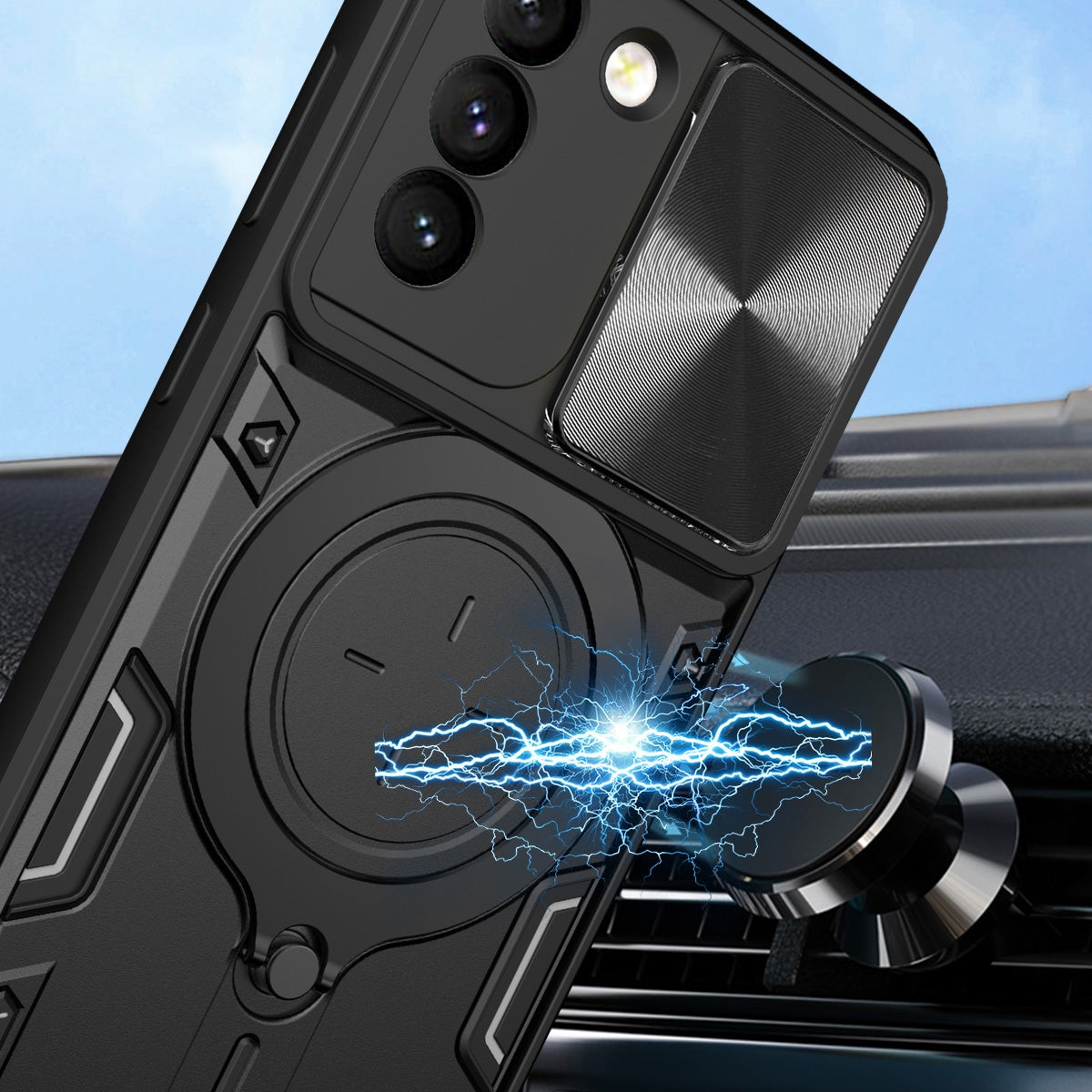 Samsung Galaxy S21 5G Magnetic Holder CD Texture Sliding Camshield Phone Case, TPU PC Shockproof Cover