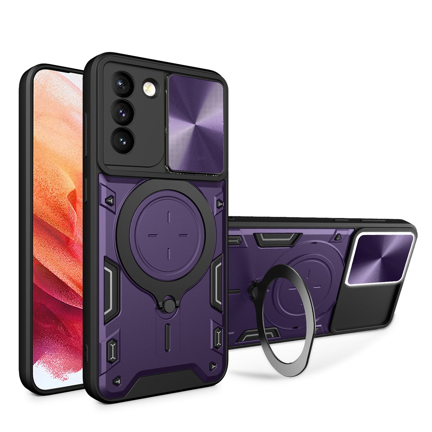Samsung Galaxy S21 5G Magnetic Holder CD Texture Sliding Camshield Phone Case, TPU PC Shockproof Cover