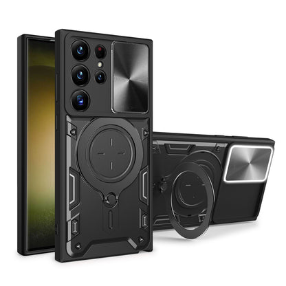 Samsung Galaxy S23 Ultra 5G Magnetic Holder CD Texture Sliding Camshield Phone Case, TPU PC Shockproof Cover