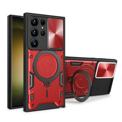 Samsung Galaxy S22 Ultra 5G Magnetic Holder CD Texture Sliding Camshield Phone Case, TPU PC Shockproof Cover