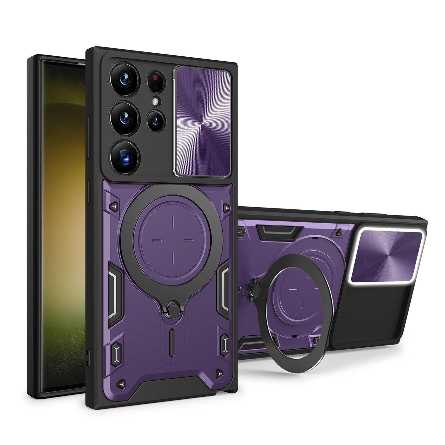 Samsung Galaxy S22 Ultra 5G Magnetic Holder CD Texture Sliding Camshield Phone Case, TPU PC Shockproof Cover