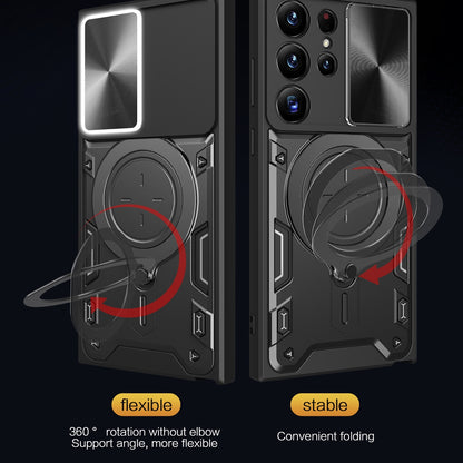 Samsung Galaxy S21 Ultra 5G Magnetic Holder CD Texture Sliding Camshield Phone Case, TPU PC Shockproof Cover