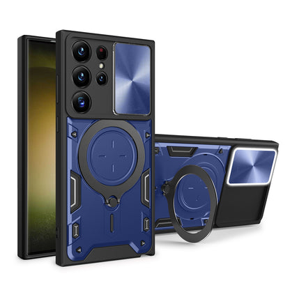 Samsung Galaxy S21 Ultra 5G Magnetic Holder CD Texture Sliding Camshield Phone Case, TPU PC Shockproof Cover