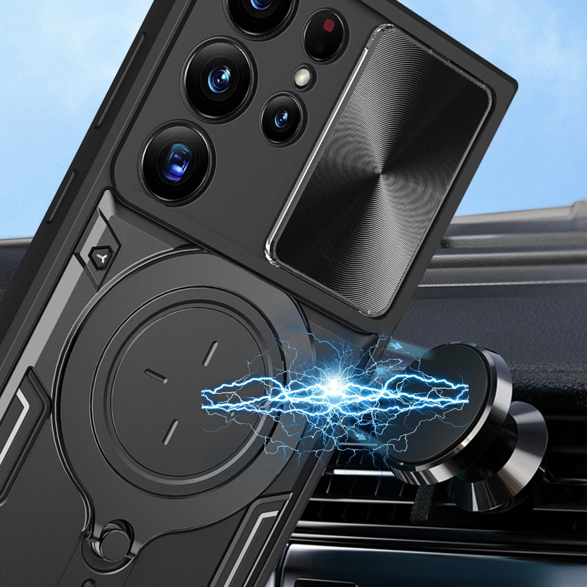 Samsung Galaxy S21 Ultra 5G Magnetic Holder CD Texture Sliding Camshield Phone Case, TPU PC Shockproof Cover