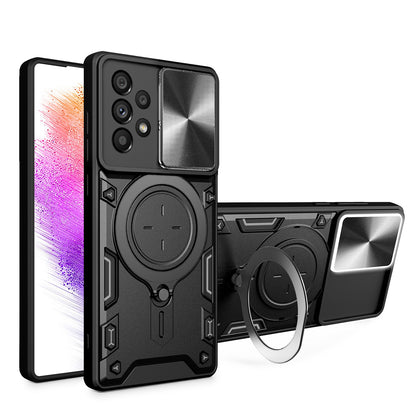 Samsung Galaxy A73 5G Magnetic Holder CD Texture Sliding Camshield Phone Case, TPU PC Shockproof Cover
