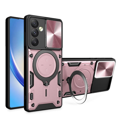 Samsung Galaxy A34 5G Magnetic Holder CD Texture Sliding Camshield Phone Case, TPU PC Shockproof Cover