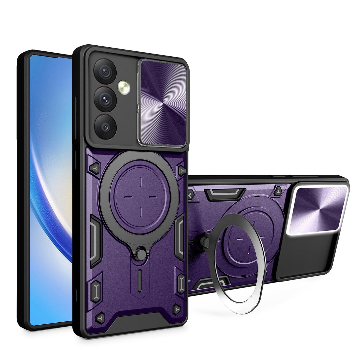 Samsung Galaxy A34 5G Magnetic Holder CD Texture Sliding Camshield Phone Case, TPU PC Shockproof Cover