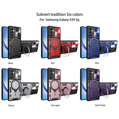 Samsung Galaxy A34 5G Magnetic Holder CD Texture Sliding Camshield Phone Case, TPU PC Shockproof Cover