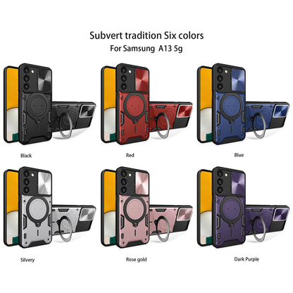 Samsung Galaxy A13 5G Magnetic Holder CD Texture Sliding Camshield Phone Case, TPU PC Shockproof Cover