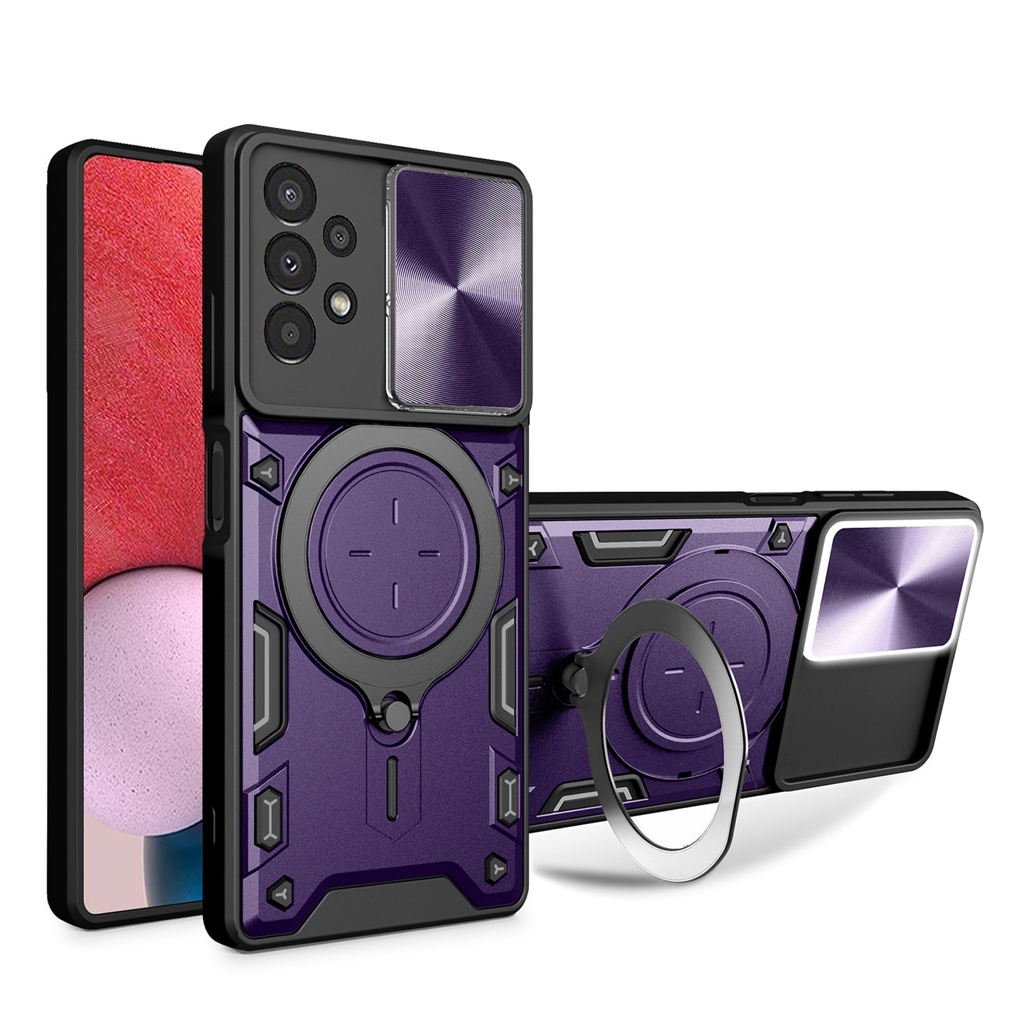 Samsung Galaxy A13 4G Magnetic Holder CD Texture Sliding Camshield Phone Case, TPU PC Shockproof Cover