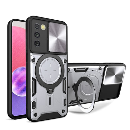 Samsung Galaxy A03s Magnetic Holder CD Texture Sliding Camshield Phone Case, TPU PC Shockproof Cover