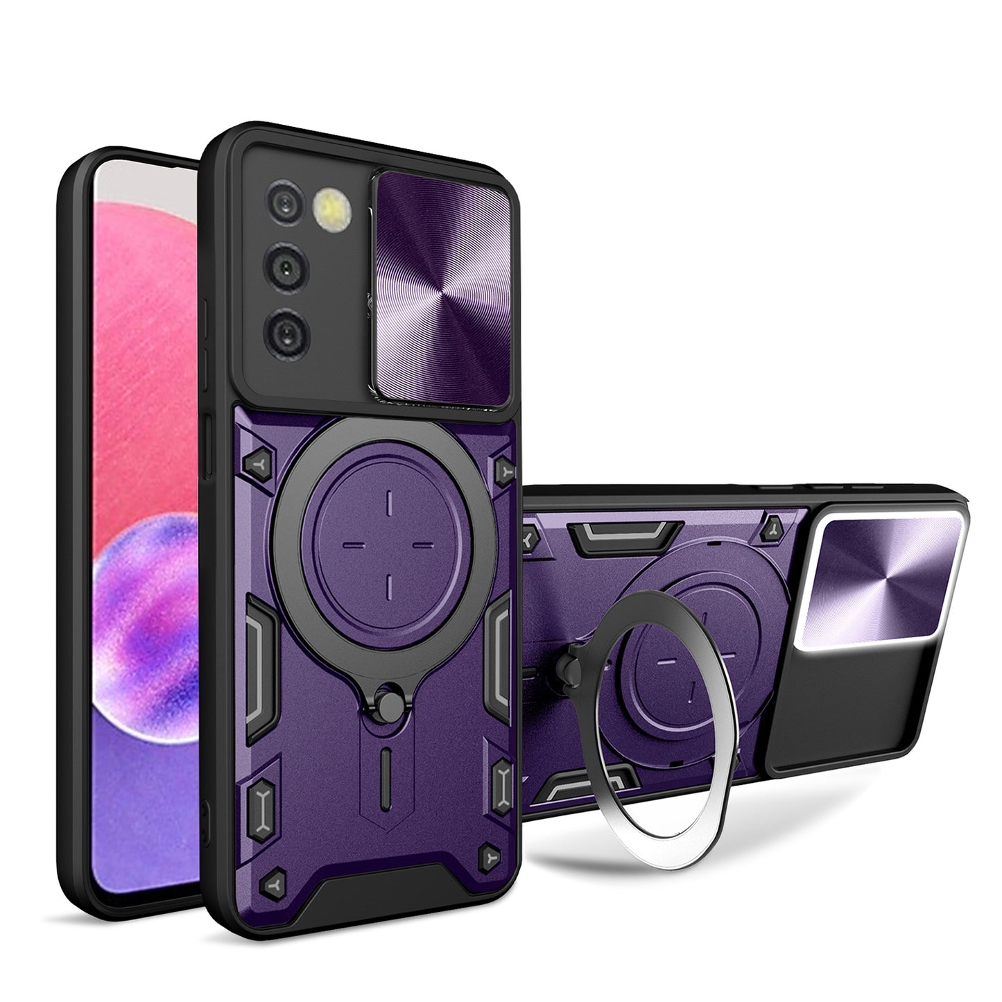 Samsung Galaxy A03s Magnetic Holder CD Texture Sliding Camshield Phone Case, TPU PC Shockproof Cover