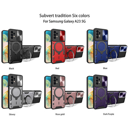 Samsung Galaxy A23 5G Magnetic Holder CD Texture Sliding Camshield Phone Case, TPU PC Shockproof Cover
